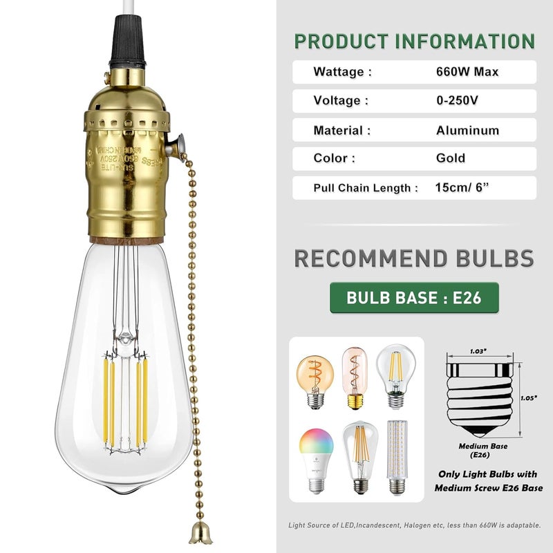 EMNOOTI Pull Chain Light Socket Replacement,E26 Standard Screw Lamp Socket,Bulb Socket with Pull Chain Lamp Switch for Table and Floor Lamp,UL Listed - Image 5